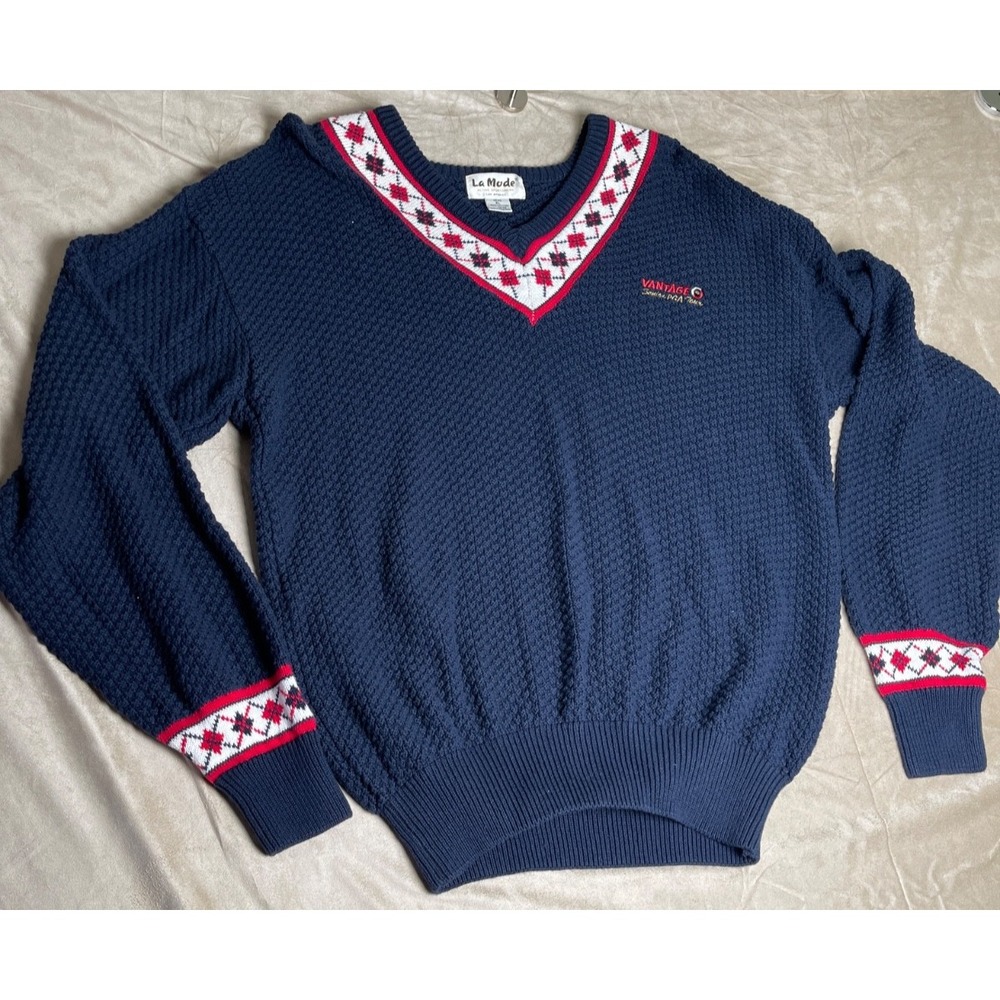 Vintage 80's La Mode PGA Tour Golf Sweater Mens size XL Navy V-Neck Argyle